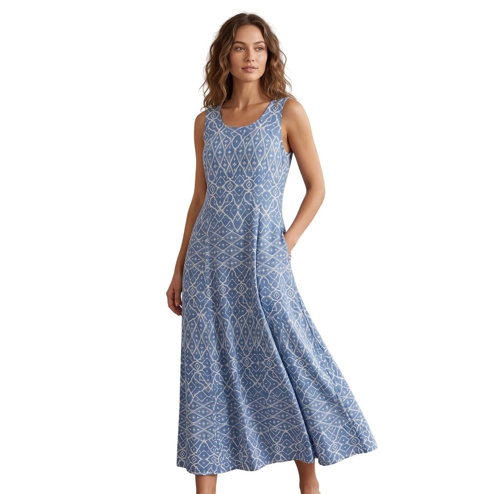 CANYON RETREAT Maxi Dress Blue Cotton Southwestern Geometric Coastal Boho Large